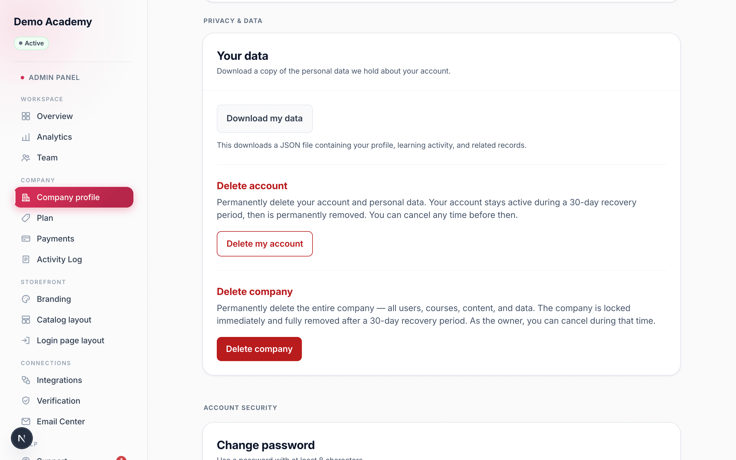 Account security, Privacy & data, and deletion