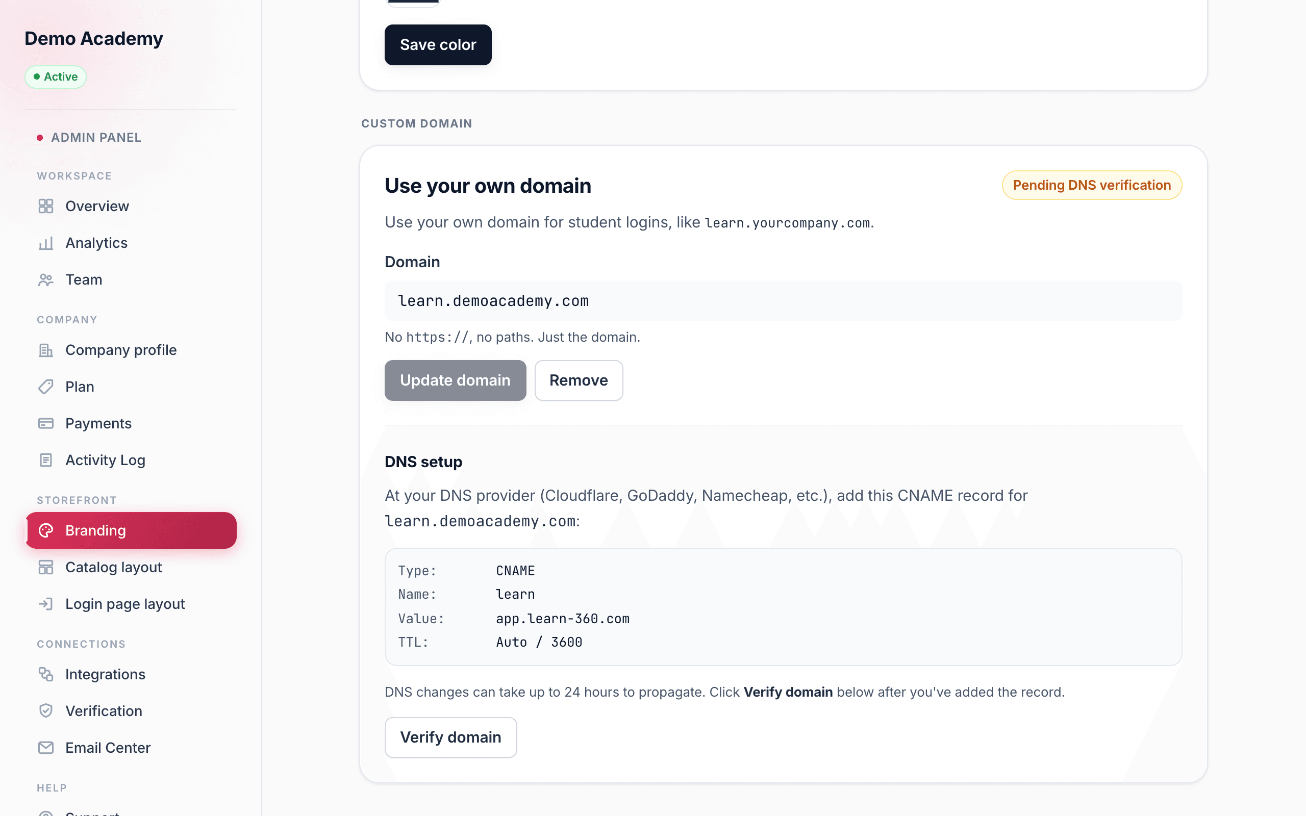 Branding — DNS setup / CNAME record