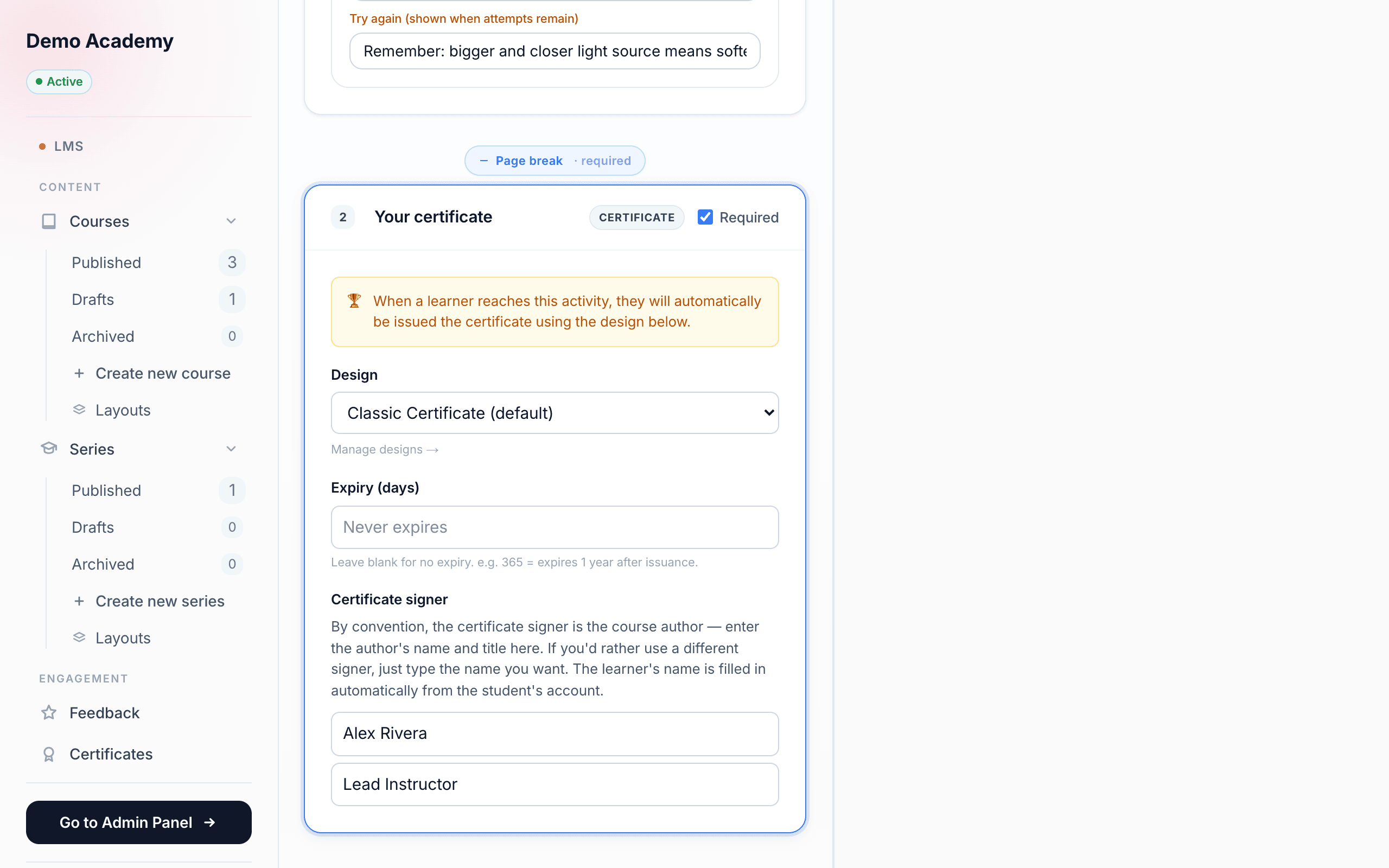 Certificate activity editor
