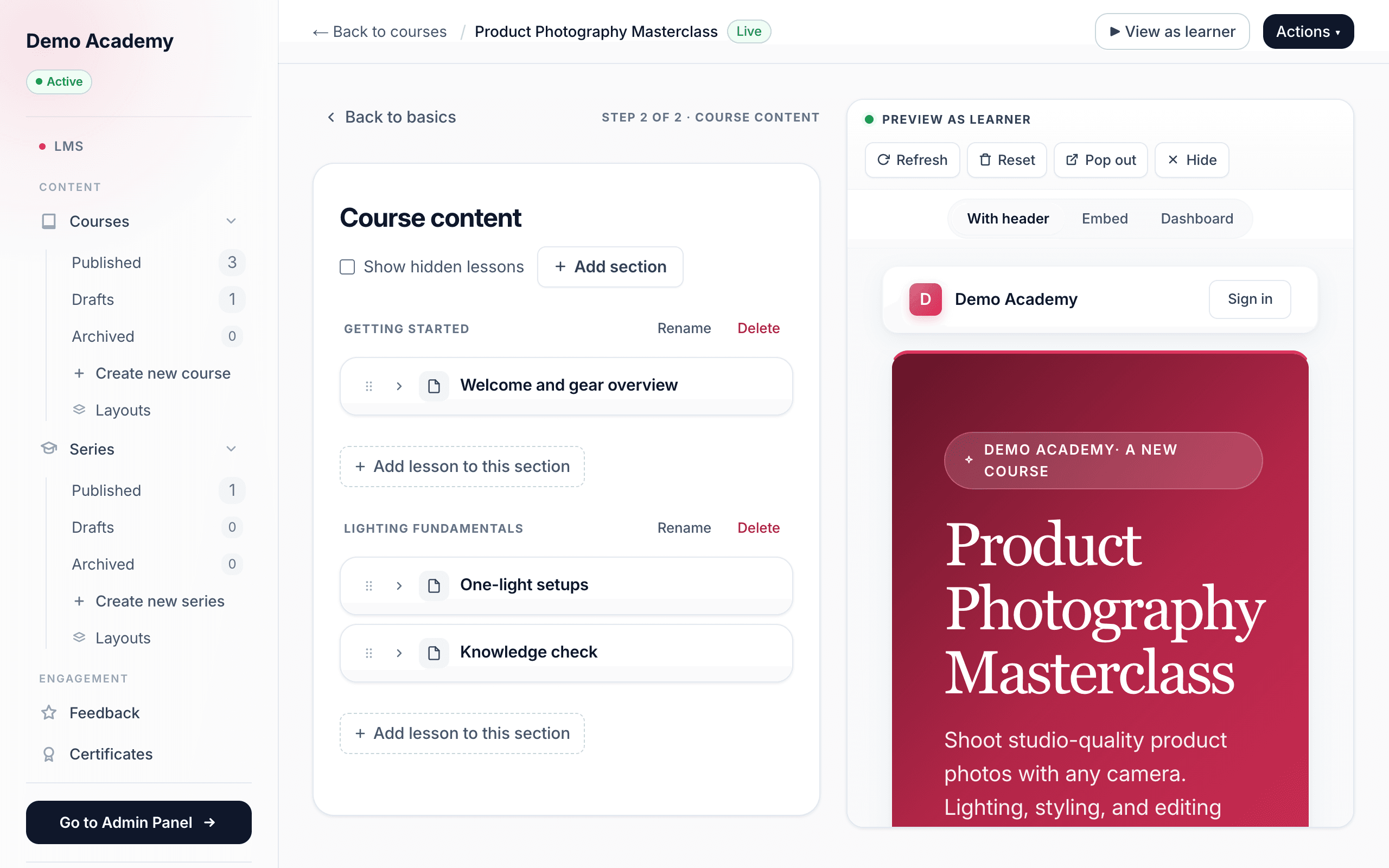 Course content — live Preview pane