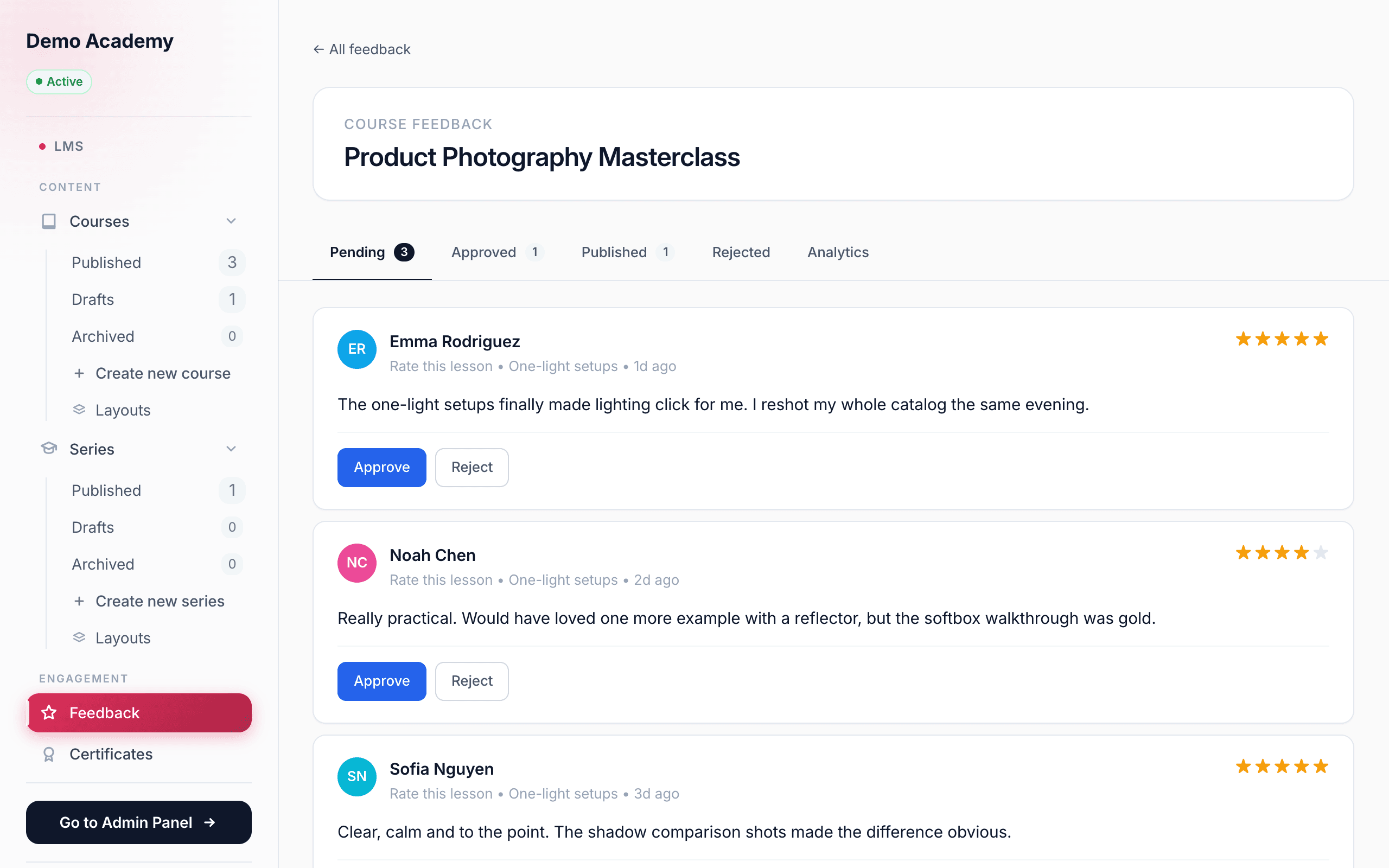 Feedback dashboard — review moderation