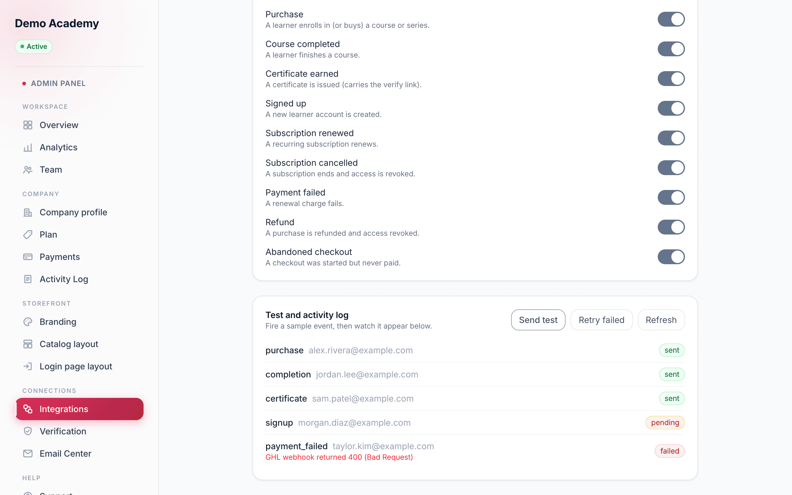 Test and activity log