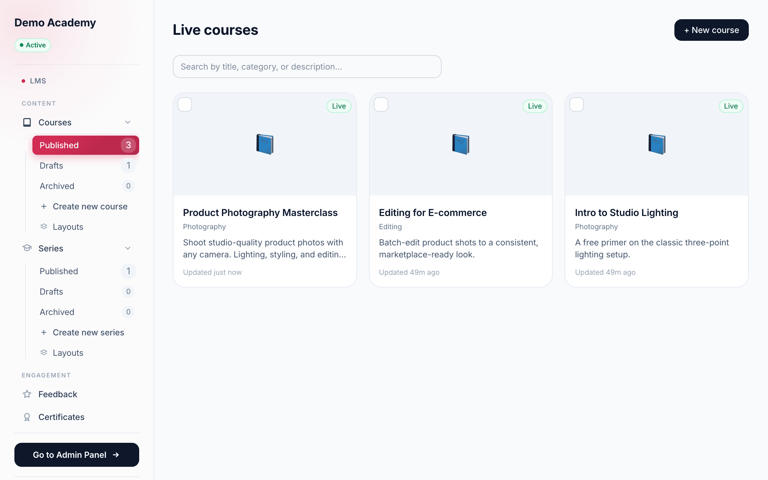 The LMS sidebar — Courses & Series
