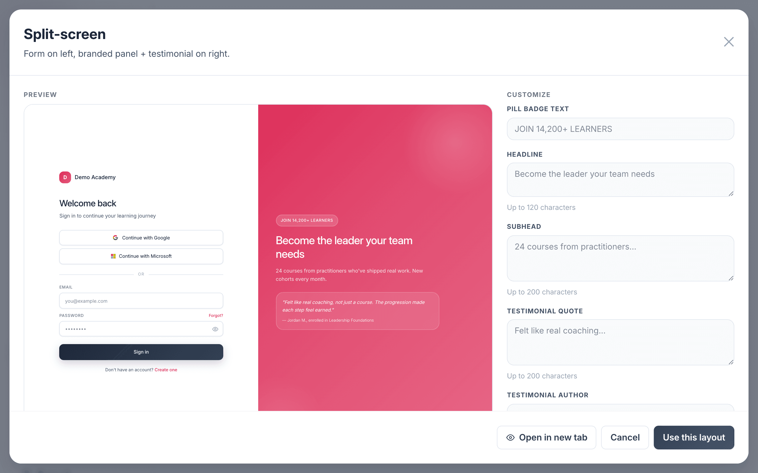 Login page layout editor